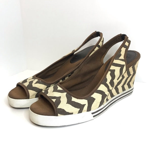 Coach Slingback Brown & Cream Zebra Print Sydney Wedges Sz 10 - Picture 2 of 13